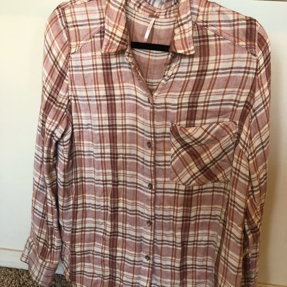 Free People-Pink Long Sleeve Plaid Camp-Size LARGE